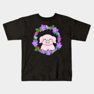 Cute Pig With Flower Wreath Kids T-Shirt